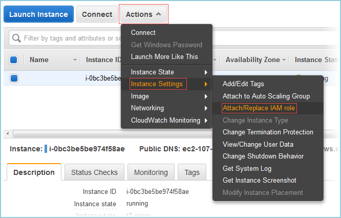 Screenshot of choosing Attach/Replace IAM role Screenshot of choosing Attach/Replace IAM role