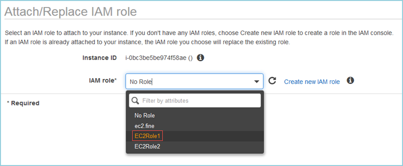 Screenshot of choosing the IAM role