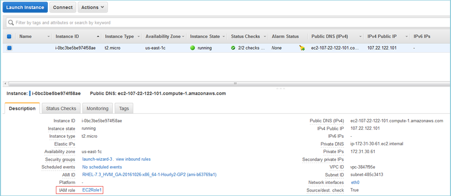Screenshot showing EC2Role1 as the IAM role Screenshot showing EC2Role1 as the IAM role