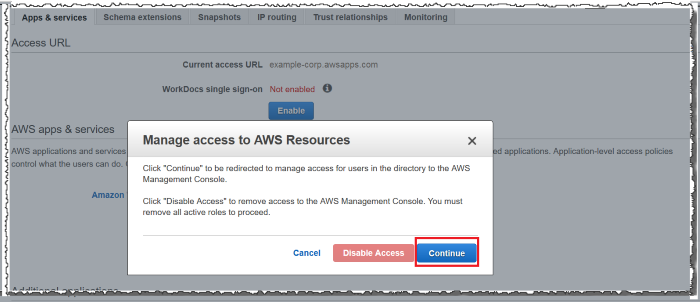 Screenshot of Manage access to AWS Resources dialog box