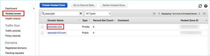 Screenshot of choosing the domain on the Hosted zones page