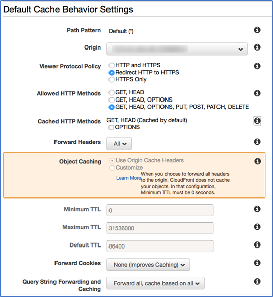 Screenshot of specifying the cache behavior settings for the distribution