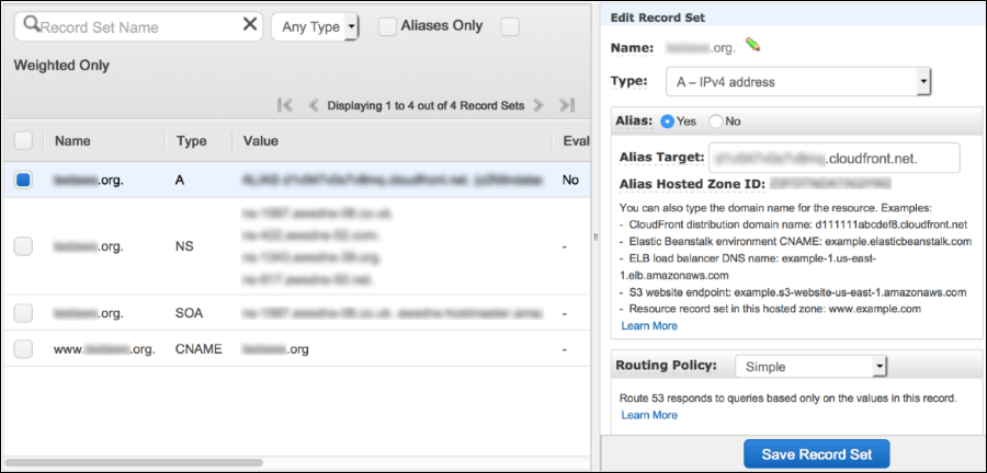 Screenshot of the Route 53 console showing a Route 53 alias resource record set that is configured to map a domain name to a CloudFront distribution