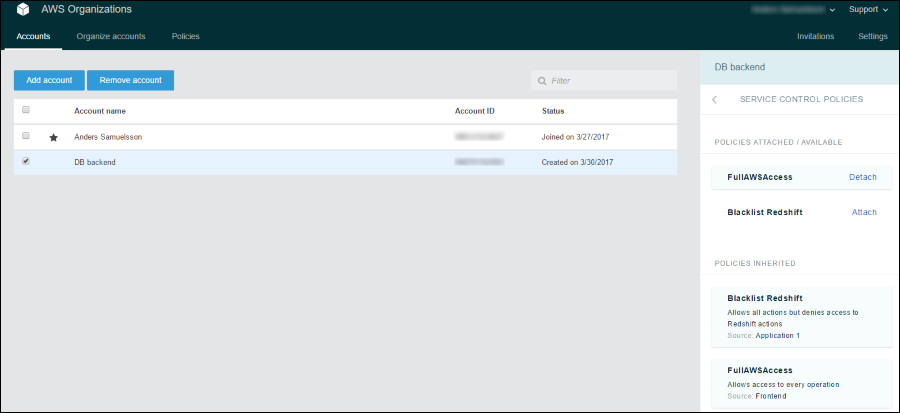 Screenshot showing that the Blacklist Redshift SCP is already attached via the Application 1 OU