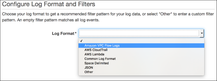 Screenshot of Log Format drop-down list