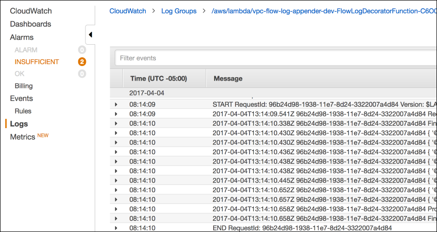 Screenshot showing logs from the Lambda decorator function