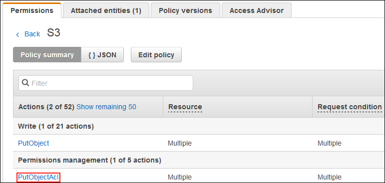 Screenshot showing that the actions defined in the policy grant access to multiple resources
