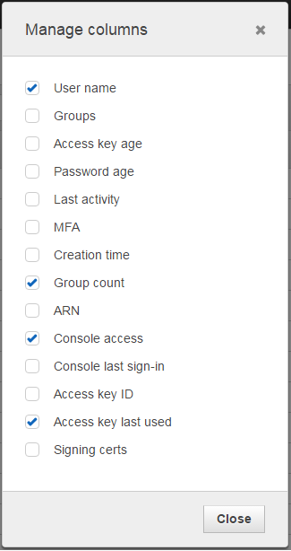 Screenshot of "Manage columns" dialog box