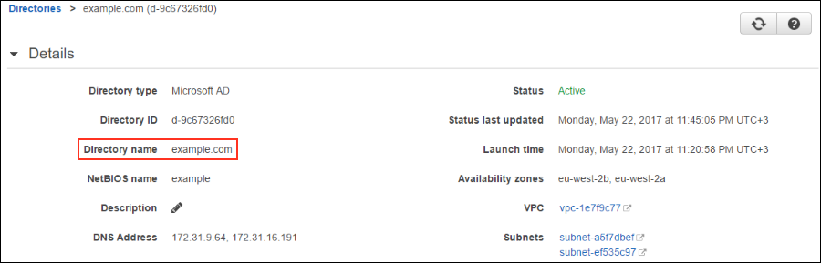 Screenshot showing the AWS Microsoft AD domain example.com used in this blog post