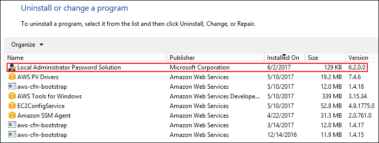 Screenshot of Control Panel that confirms LAPS has been installed successfully