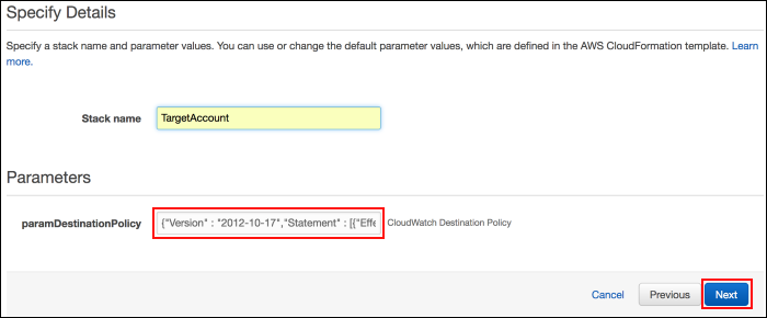 Screenshot of supplying the CloudWatch destination policy