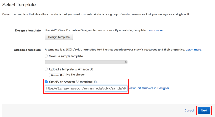 Screenshot showing how to specify an S3 template URL