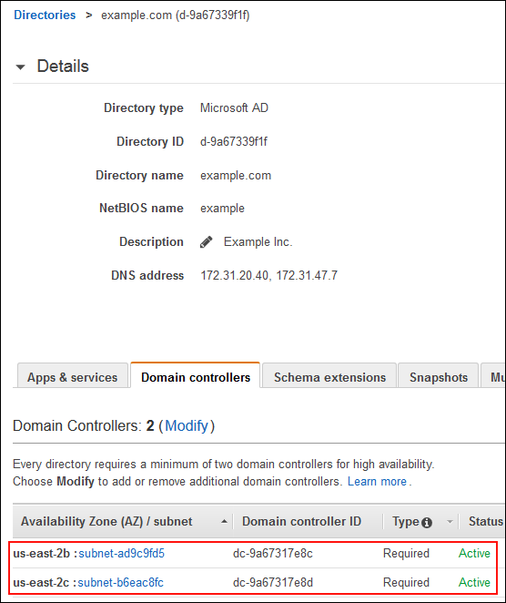 Screenshot showing the domain controllers, Availability Zones, and subnets