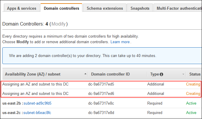 Screenshot of two additional domain controllers with a status of "Creating"