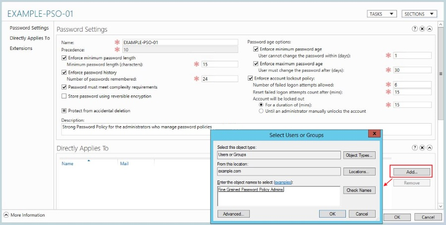 Screenshot of adding the Fine-Grained Pwd Policy Admins group to the EXAMPLE-PSO-01 policy