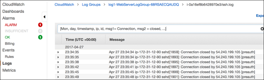 Screenshot of pasting the line from the ssh.log file into the "Filter events" search box