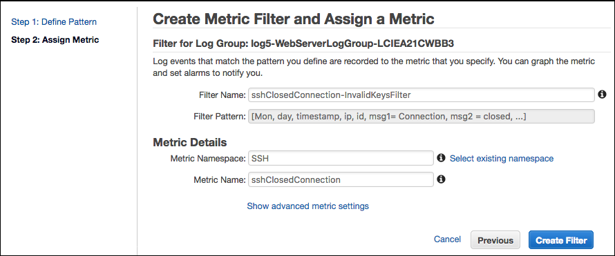 Screenshot of creating a filter