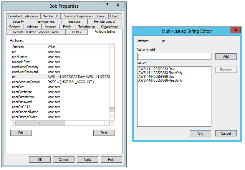 Screenshot of Bob’s "url" attribute with the corresponding values associated with his AWS accounts and roles