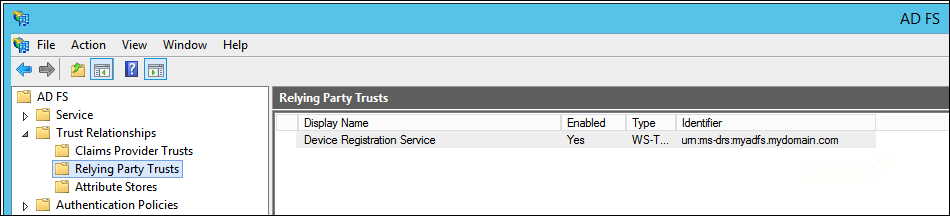 Screenshot of the "Relying Party Trusts" folder