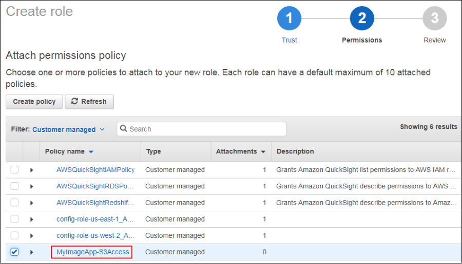 Screenshot showing the MyImageApp-S3Access permissions policy Screenshot showing the MyImageApp-S3Access permissions policy