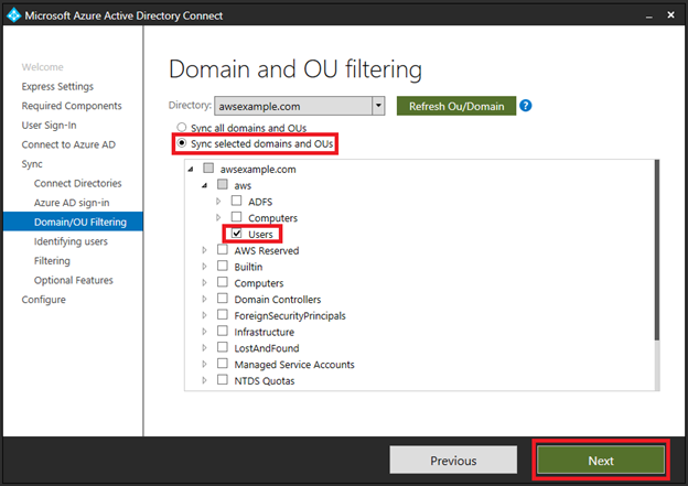 Screenshot of syncing the Users OU