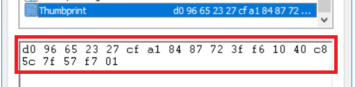 Screenshot of the Thumbprint value