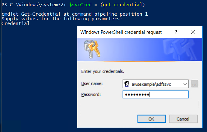 Screenshot of entering the user account credentials for the ADFSSVC user
