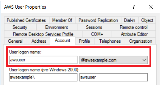 Screenshot showing the awsuser@awsexample.com UPN