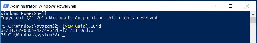 Screenshot of the (New-Guid).Guid Windows PowerShell command