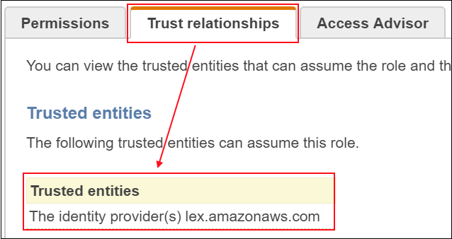 Screenshot of the trusted entities that can assume the service-linked role
