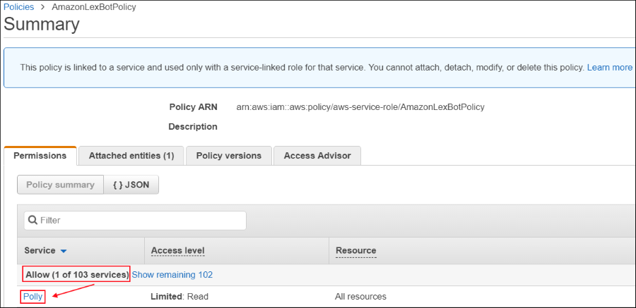 Screenshot showing that AmazonLexBotPolicy grants permission to Amazon Lex to use Amazon Polly