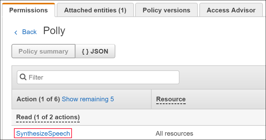 Screenshot showing the the action, SynthesizeSpeech, that the AmazonLexBotPolicy grants permission to Amazon Lex to perform on your behalf