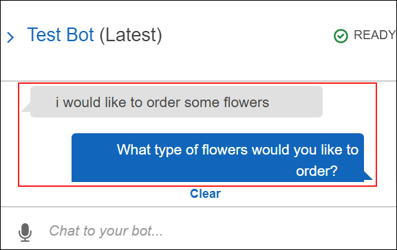 Screenshot of voice input to test the OrderFlowers chatbot