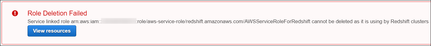 Screenshot showing details about why the role deletion failed