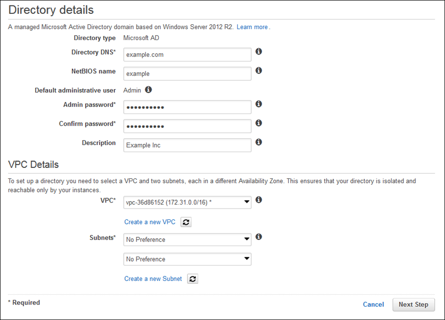 Image of creating an AWS Managed Microsoft AD directory in an Amazon VPC Image of creating an AWS Managed Microsoft AD directory in an Amazon VPC