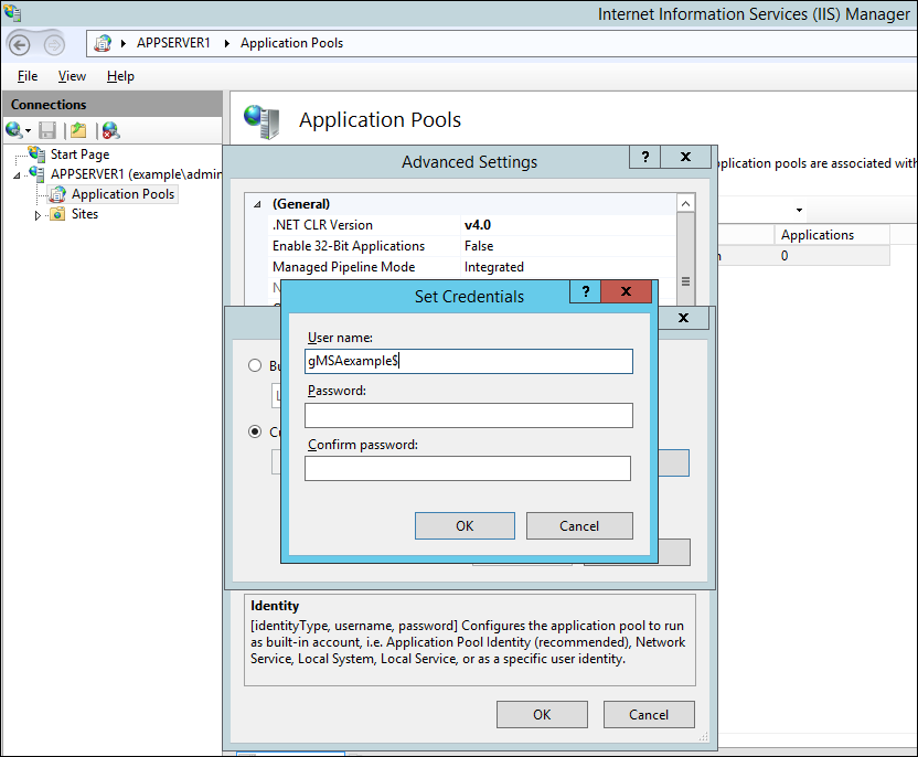 Screenshot of configuring application pool identity Screenshot of configuring application pool identity