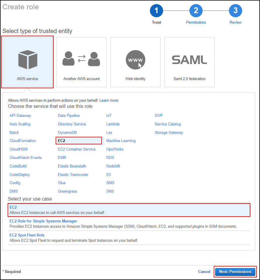 Screenshot of creating a role for an EC2 instance Screenshot of creating a role for an EC2 instance