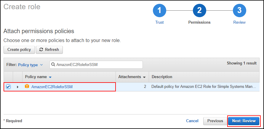 Screenshot of attaching the AmazonEC2RoleforSSM policy to the new role you are creating Screenshot of attaching the AmazonEC2RoleforSSM policy to the new role you are creating