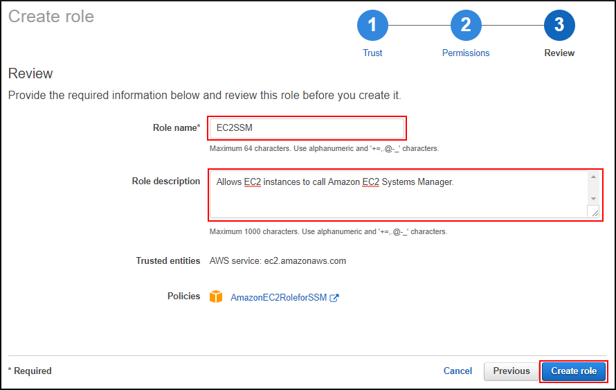 Screenshot of giving the role a name and description Screenshot of giving the role a name and description
