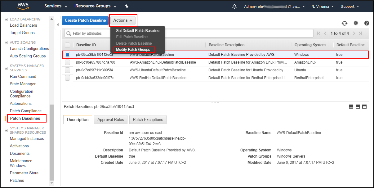 Screenshot of choosing Modify Patch Groups in the Actions drop-down Screenshot of choosing Modify Patch Groups in the Actions drop-down