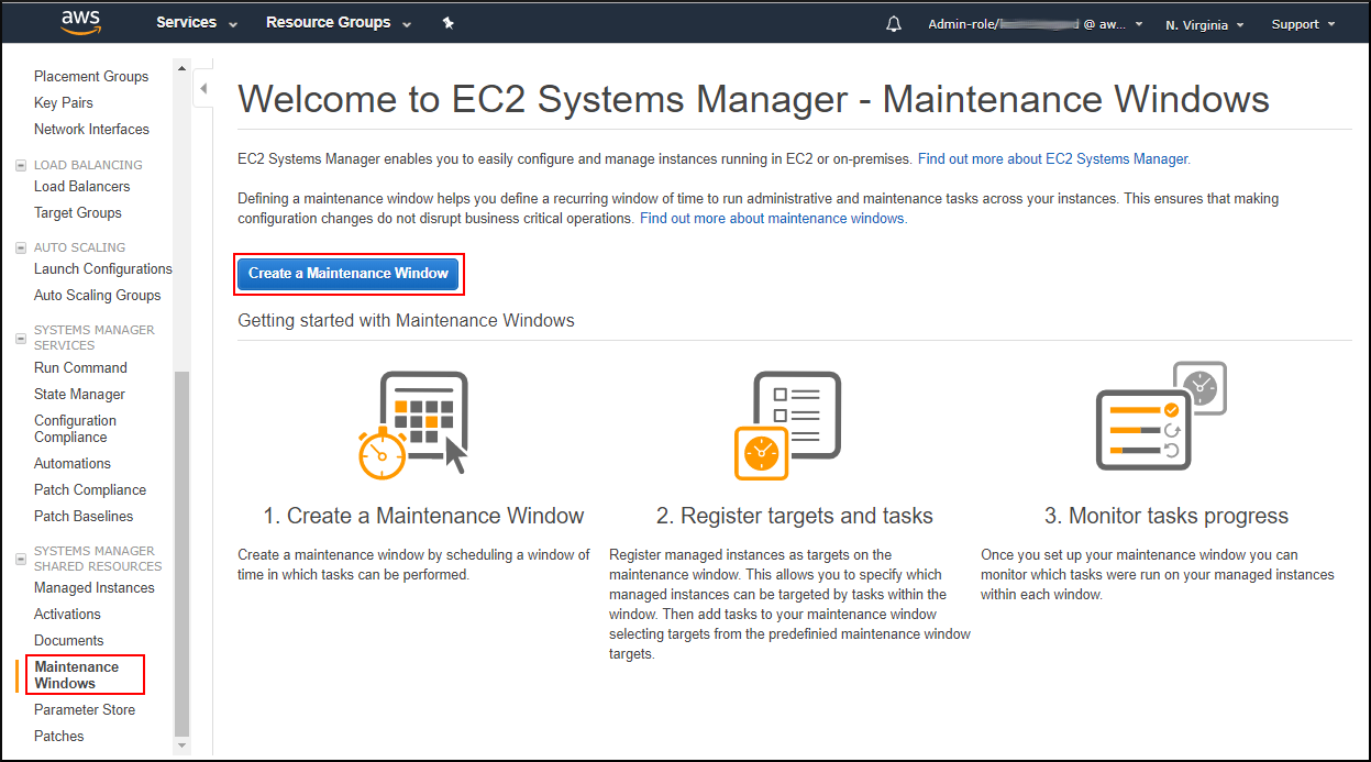 Screenshot of starting to create a maintenance window in the Systems Manager console Screenshot of starting to create a maintenance window in the Systems Manager console