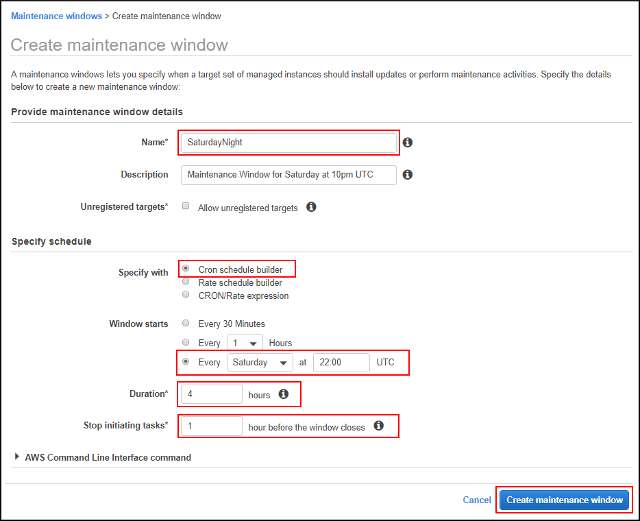 Screenshot of completing all boxes in the maintenance window creation process Screenshot of completing all boxes in the maintenance window creation process