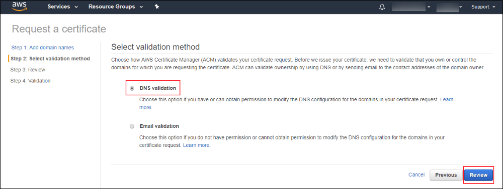 Screenshot of selecting validation method