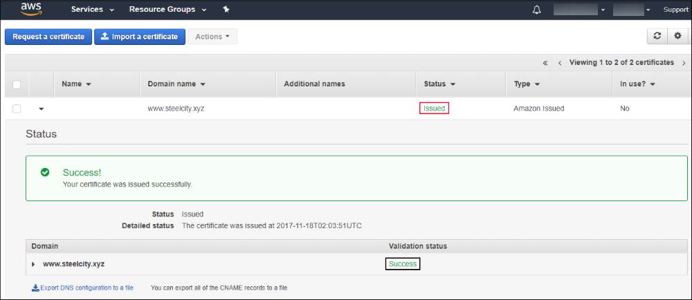Screenshot of a certificate issued and validation successful