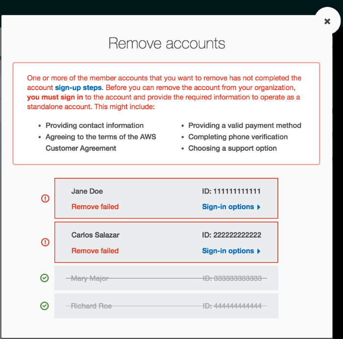 Screenshot showing the removal failed for two accounts
