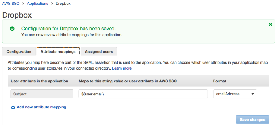 Screenshot of the configuration for Dropbox having been saved