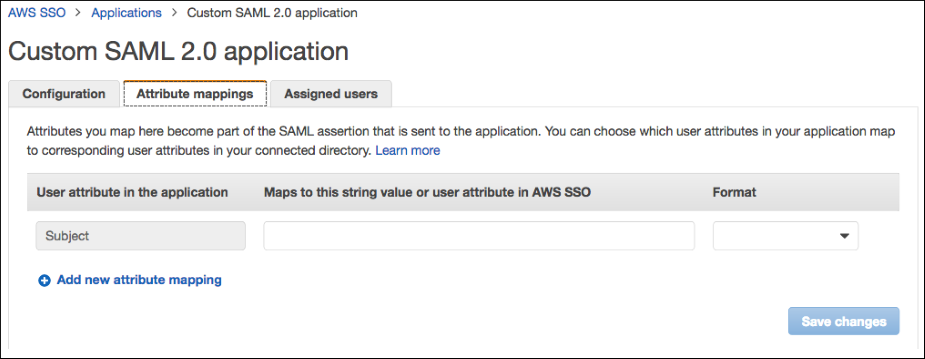 Screenshot of providing additional SAML attribute mappings