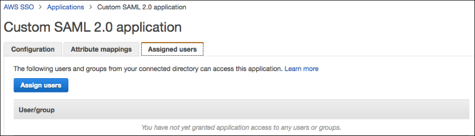 Screenshot of the Assigned users tab, where you choose a user or group that can access this application