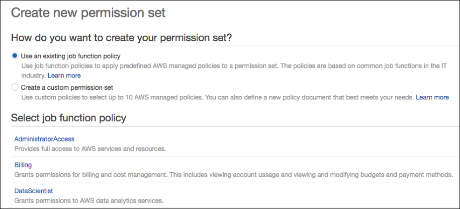 Screenshot of choosing a permission set