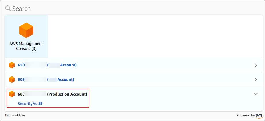 Screenshot showing that this user can sign in to the Production Account with SecurityAudit permissions